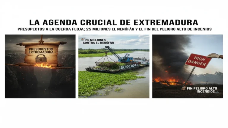 crea una imagen realista para ilustrar este articulo: La Agenda Crucial de Extremadura: Presupuestos a la Cuerda Floja; 25 Millones Contra el Nenúfar y el Fin del Peligro Alto de Incendios