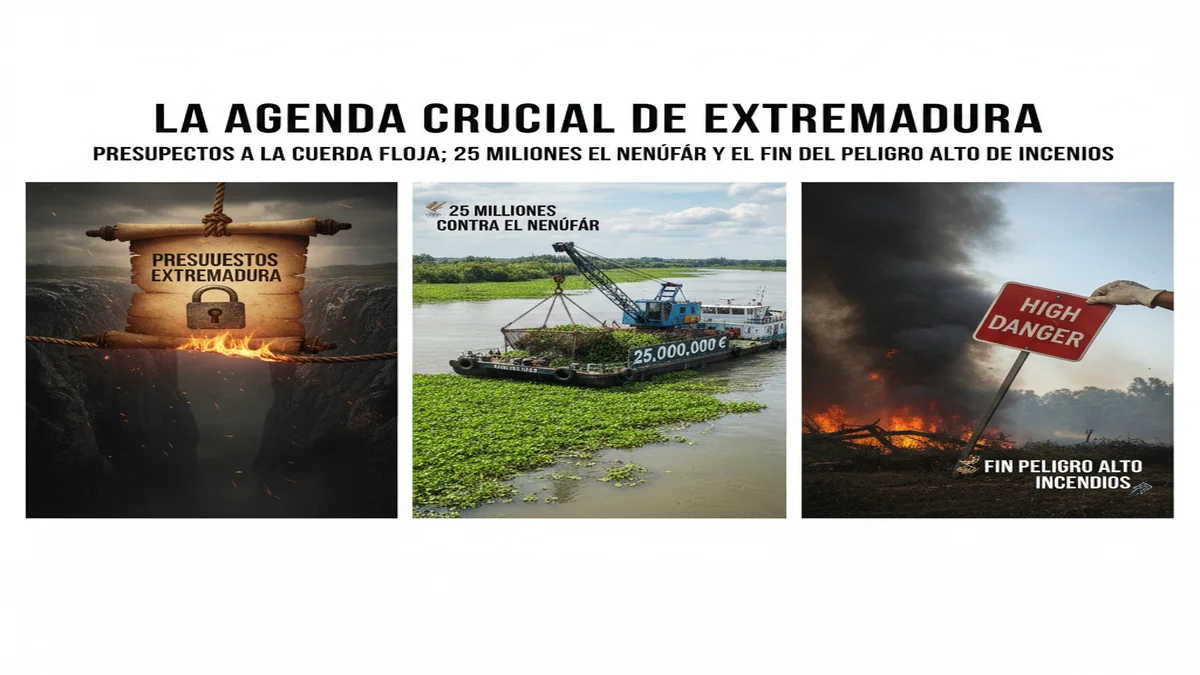 crea una imagen realista para ilustrar este articulo: La Agenda Crucial de Extremadura: Presupuestos a la Cuerda Floja; 25 Millones Contra el Nenúfar y el Fin del Peligro Alto de Incendios