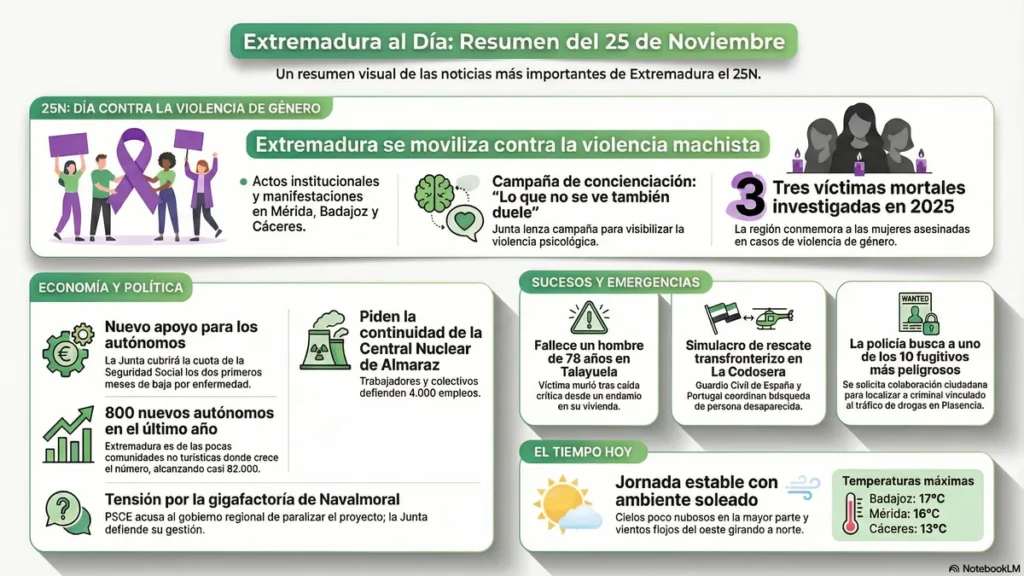 Extremadura se alza contra la violencia machista en un 25N marcado por el apoyo a los autónomos y la tensión política