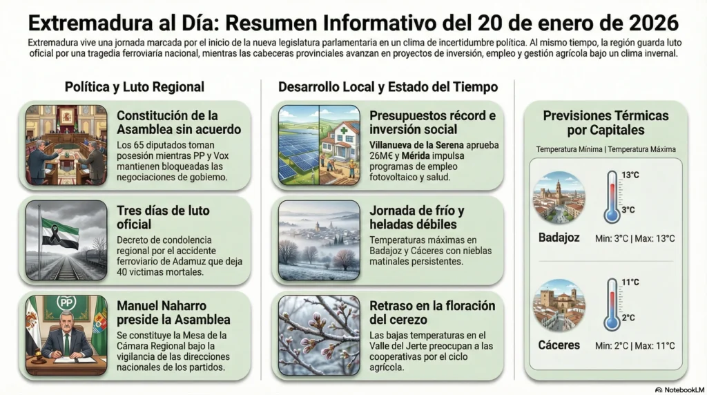 EXTREMADURA 20 DE ENERO: Pulso político en la Asamblea; luto oficial y el renacer de las tradicione