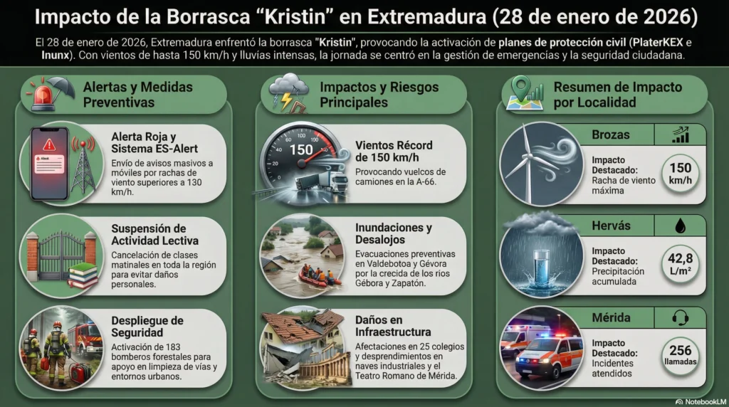 Extremadura bajo el Yugo de 'Kristin': Alerta Roja; Evacuaciones y el Caos en la A-66 Marcan un 28 de Enero Histórico