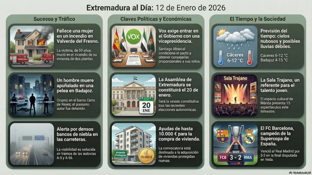 EXTREMADURA HOY 12 DE ENERO: Luto en Valverde del Fresno; Pulso Político por la Junta 
