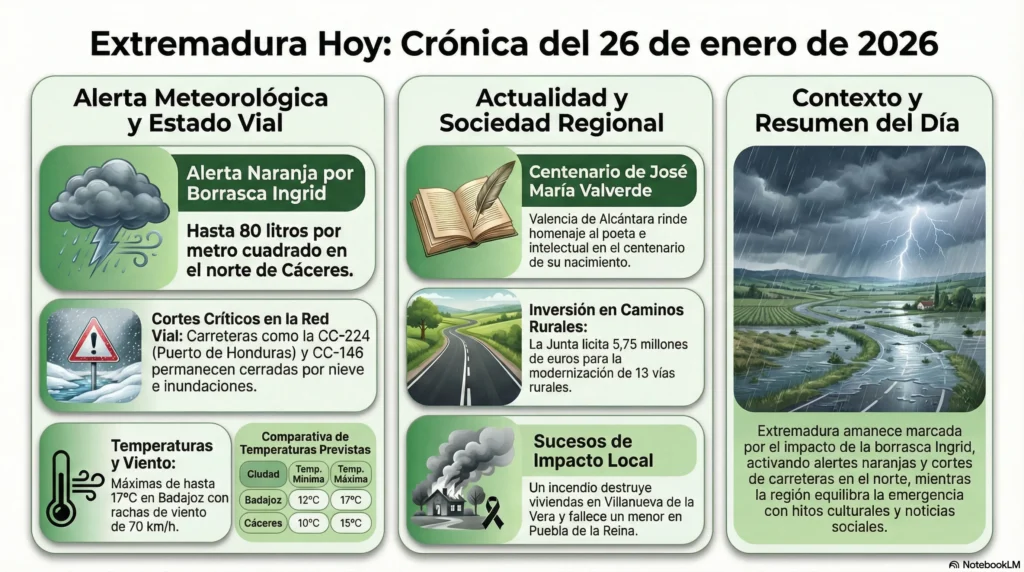 Lunes Negro y Naranja: La Borrasca Ingrid Ahoga el Norte de Cáceres en una Jornada de Luto y Tensión Judicial