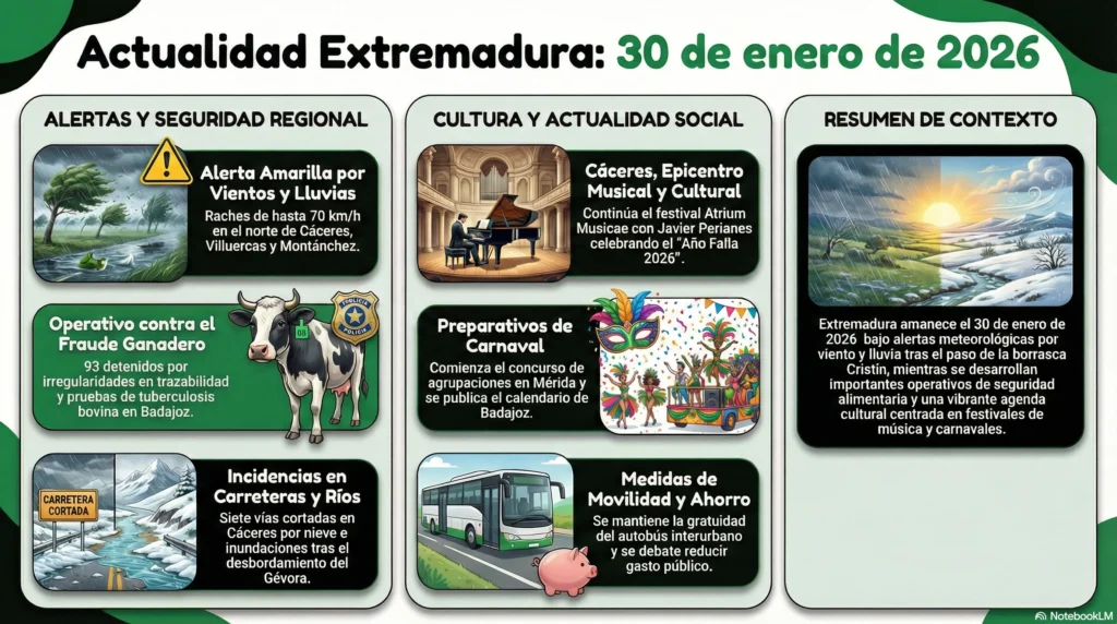 EXTREMADURA HOY 30 DE ENERO: Alerta por vientos de 70 km/h, tragedia en las carreteras y el pulso del Carnaval