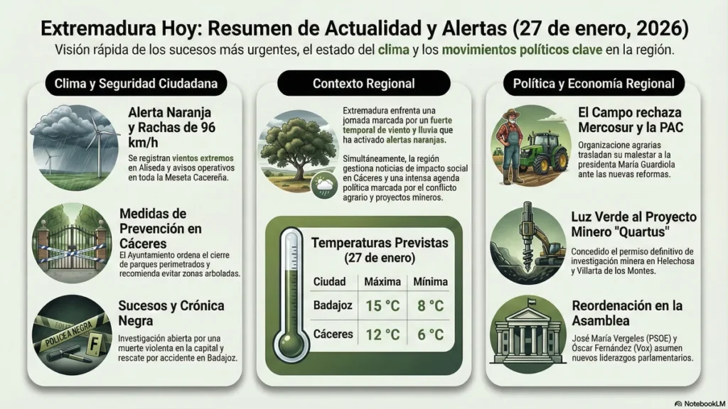 27E en Extremadura: Alerta Naranja por Vientos Huracanados un Crimen Familiar en Cáceres 