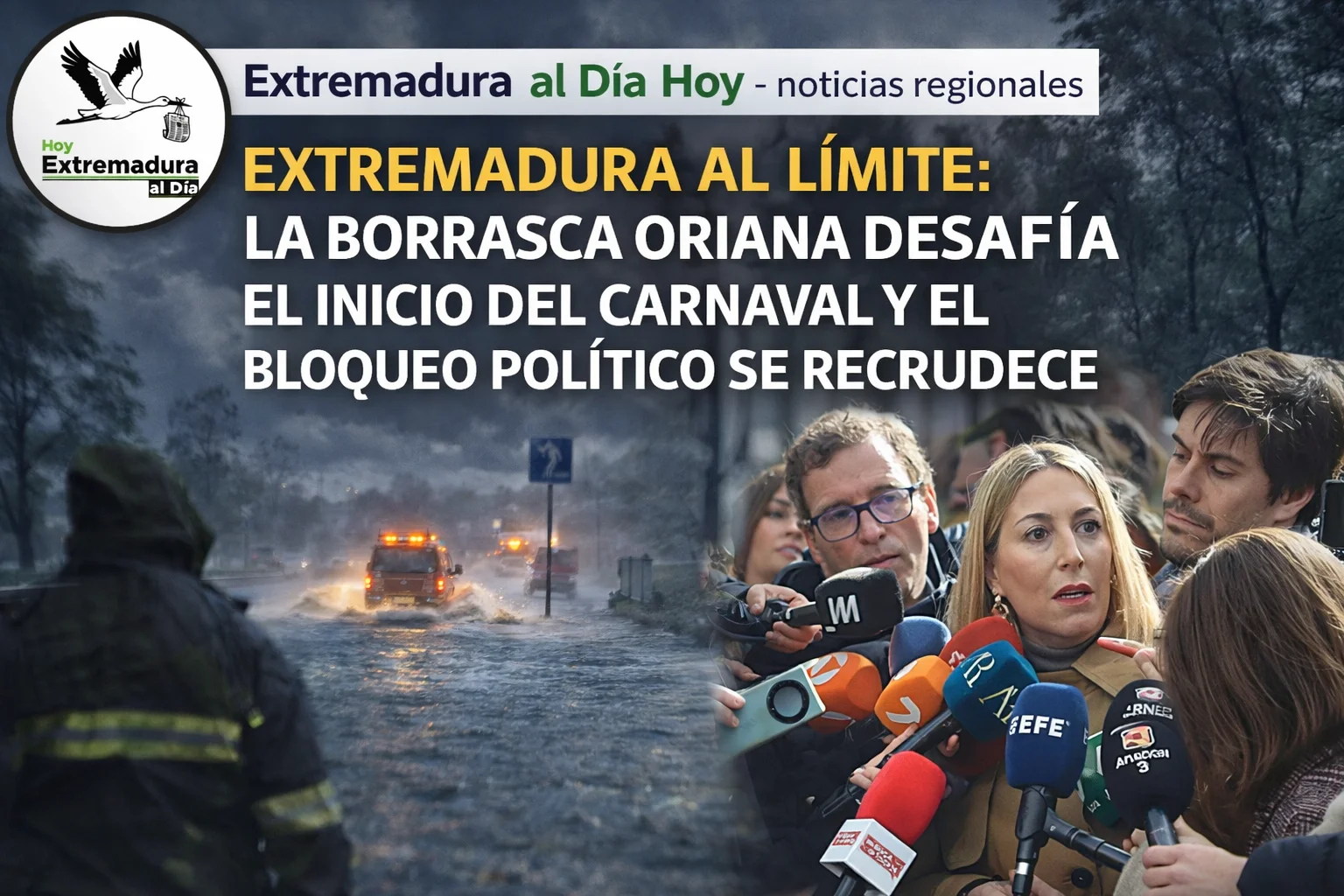 EXTREMADURA AL LÍMITE: LA BORRASCA ORIANA DESAFÍA EL INICIO DEL CARNAVAL Y EL BLOQUEO POLÍTICO SE RECRUDECE