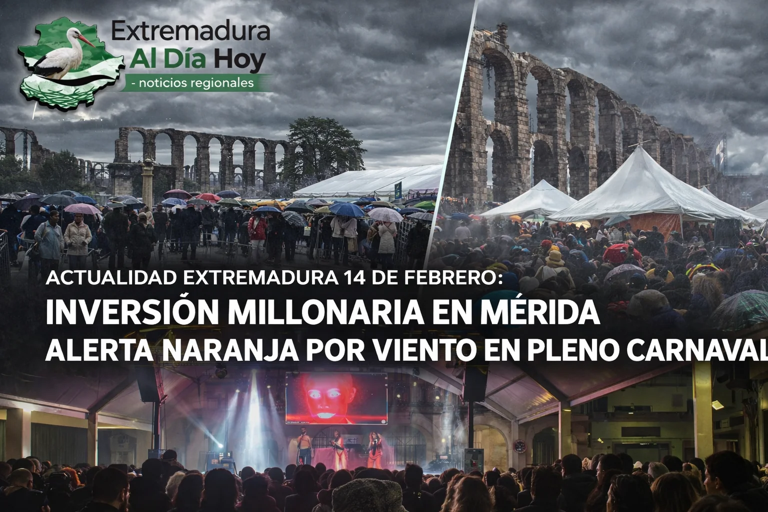 ACTUALIDAD EXTREMADURA 14 DE FEBRERO: INVERSIÓN MILLONARIA EN MÉRIDA y ALERTA NARANJA POR VIENTO EN PLENO CARNAVAL