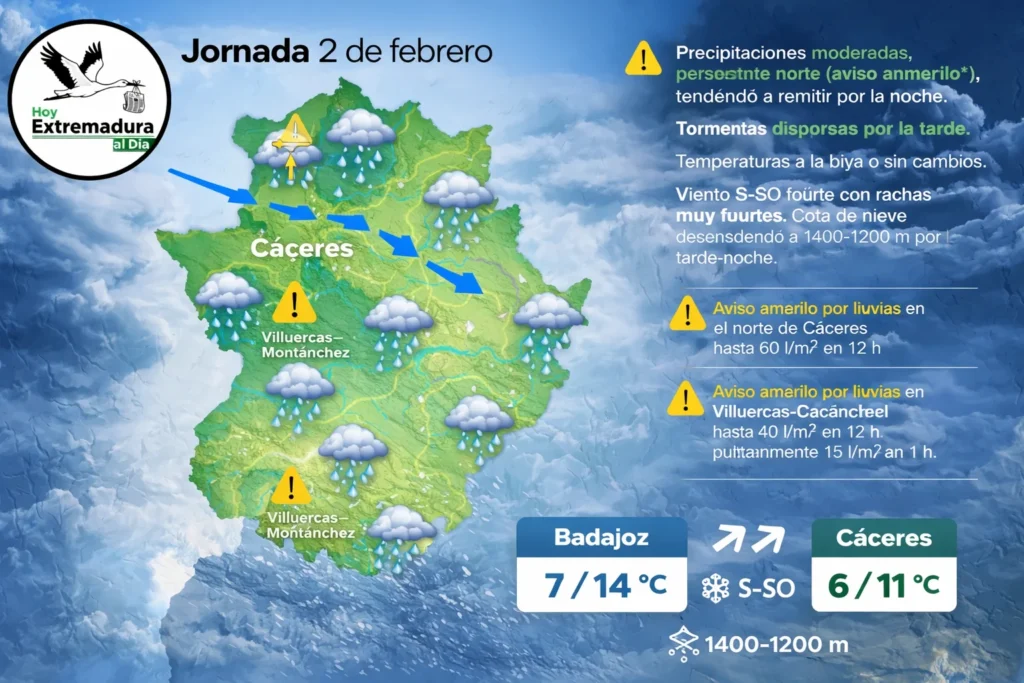 EXTREMADURA AL LÍMITE ESTE 2 DE FEBRERO: ALERTAS POR LA BORRASCA LEONARDO