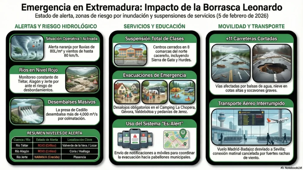 Alerta Máxima en Extremadura: Evacuaciones; Ríos Desbordados y Clases Suspendidas