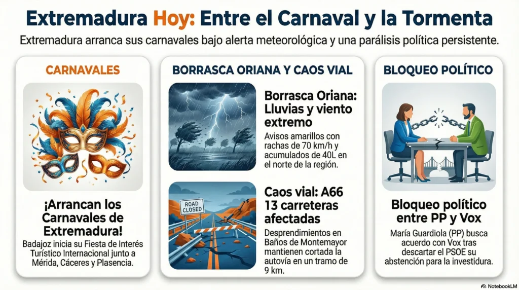 EXTREMADURA AL LÍMITE: LA BORRASCA ORIANA DESAFÍA EL INICIO DEL CARNAVAL Y EL BLOQUEO POLÍTICO SE RECRUDECE