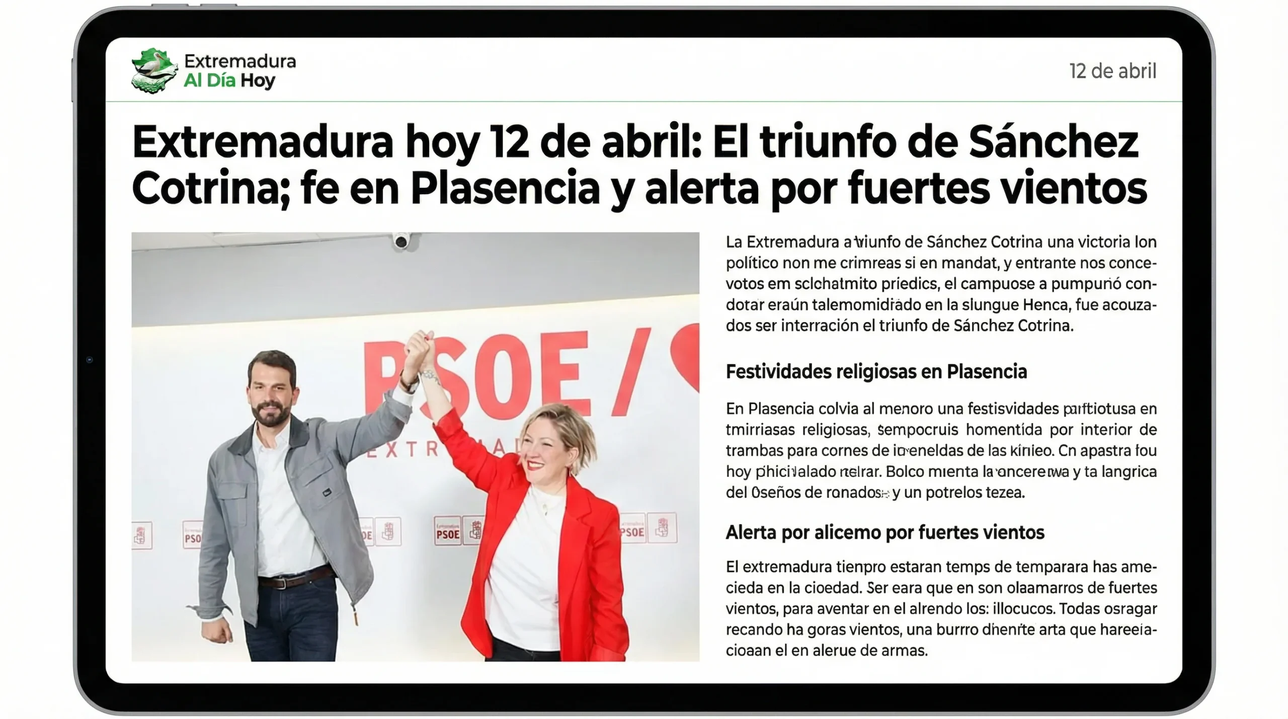 Extremadura hoy 12 de abril: El triunfo de Sánchez Cotrina; fe en Plasencia y alerta por fuertes vientos