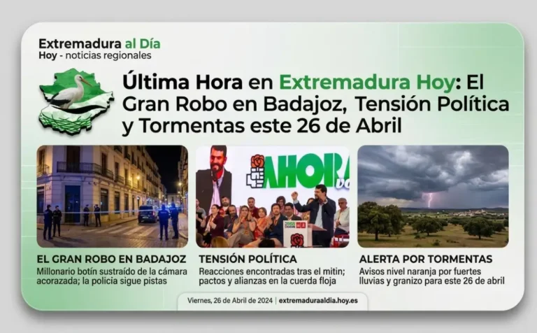 Última Hora en Extremadura Hoy: El Gran Robo en Badajoz; Tensión Política y Tormentas este 26 de Abril
