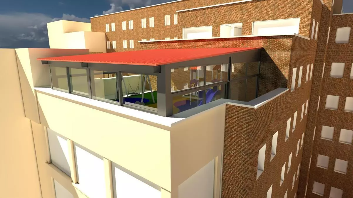 Recreación en 3D del futuro y colorido parque infantil en el Hospital San Pedro de Alcántara