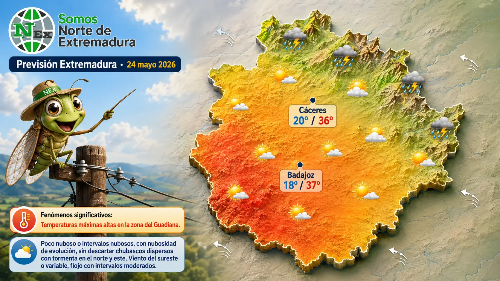 Mapa del tiempo de Extremadura detallando las altas temperaturas en Badajoz y Cáceres