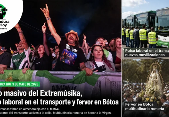 Extremadura hoy 3 de mayo de 2026: Éxito masivo del Extremúsika, pulso laboral en el transporte y fervor en Bótoa