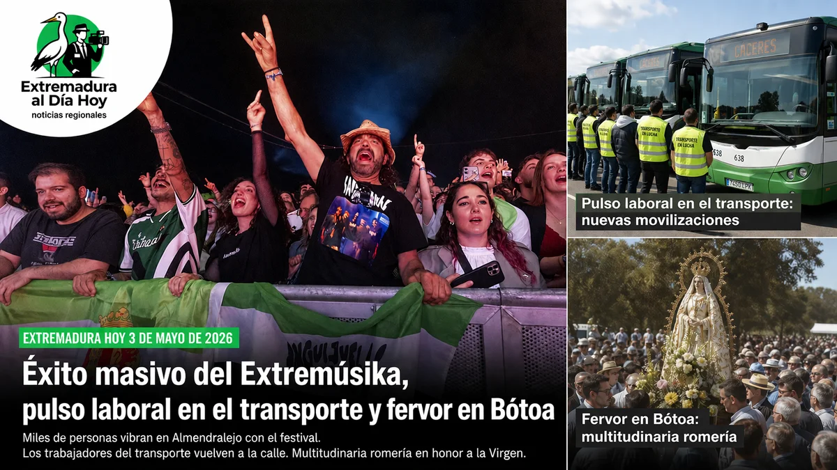 Extremadura hoy 3 de mayo de 2026: Éxito masivo del Extremúsika, pulso laboral en el transporte y fervor en Bótoa