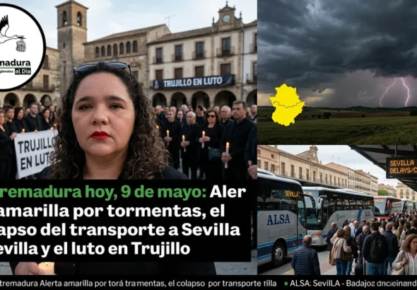 Extremadura hoy 9 de mayo: Alerta amarilla por tormentas; el colapso del transporte a Sevilla y el luto en Trujillo