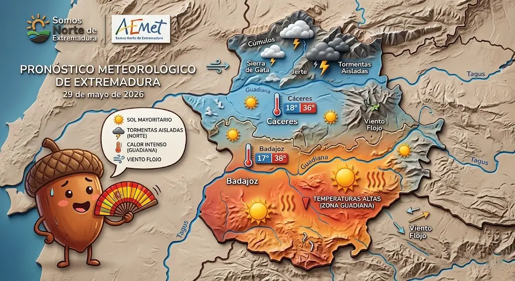Pronóstico meteorológico de Extremadura ilustrando altas temperaturas y tormentas aisladas