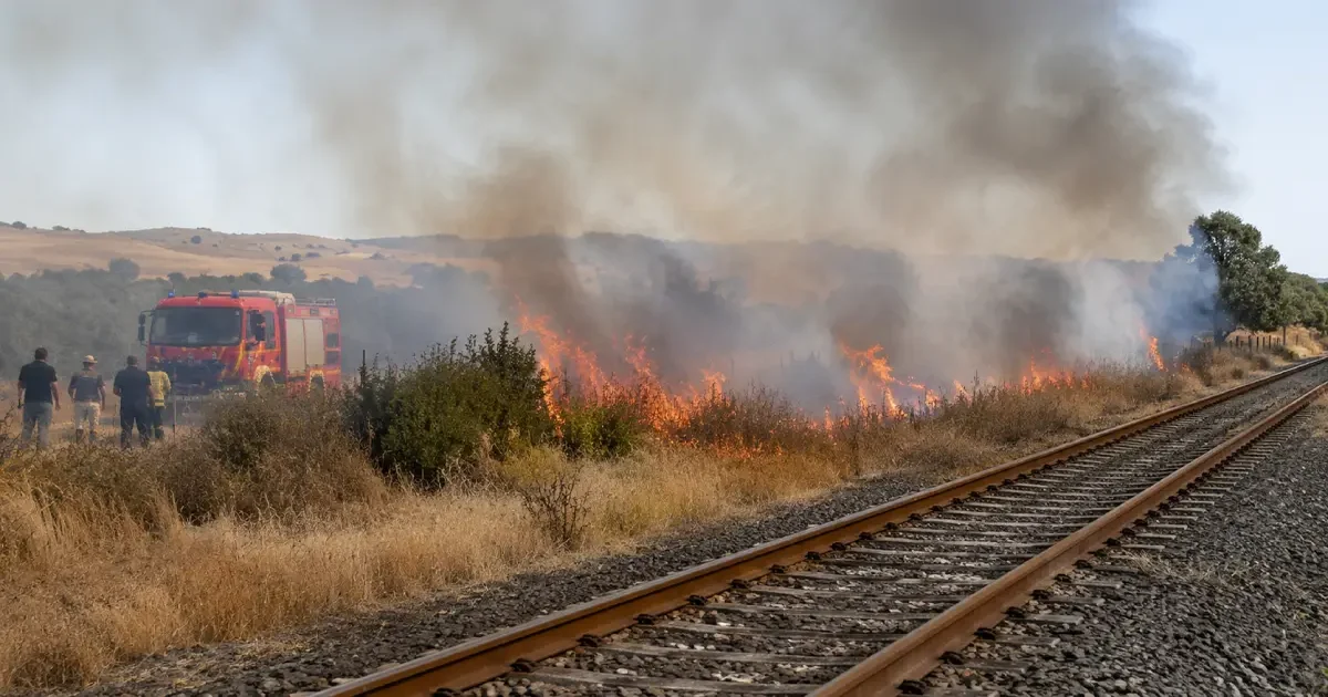 Efectivos de bomberos apagando un virulento incendio de pastos junto a unas vías de tren en Extremadura