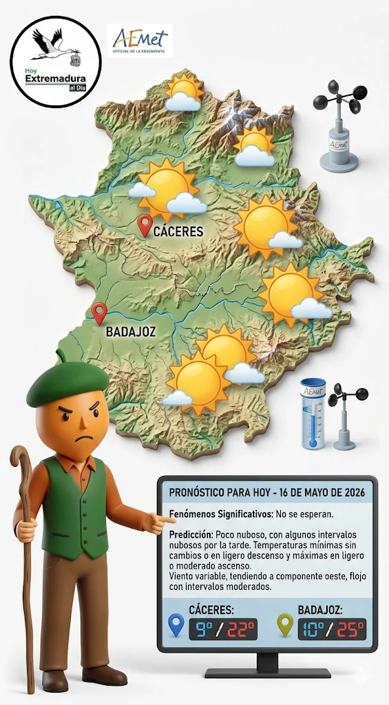 Mapa meteorológico de Extremadura para el 16 de mayo de 2026
