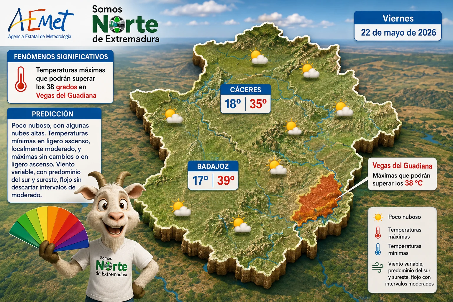Mapa meteorológico mostrando las altas temperaturas del 22 de mayo en España