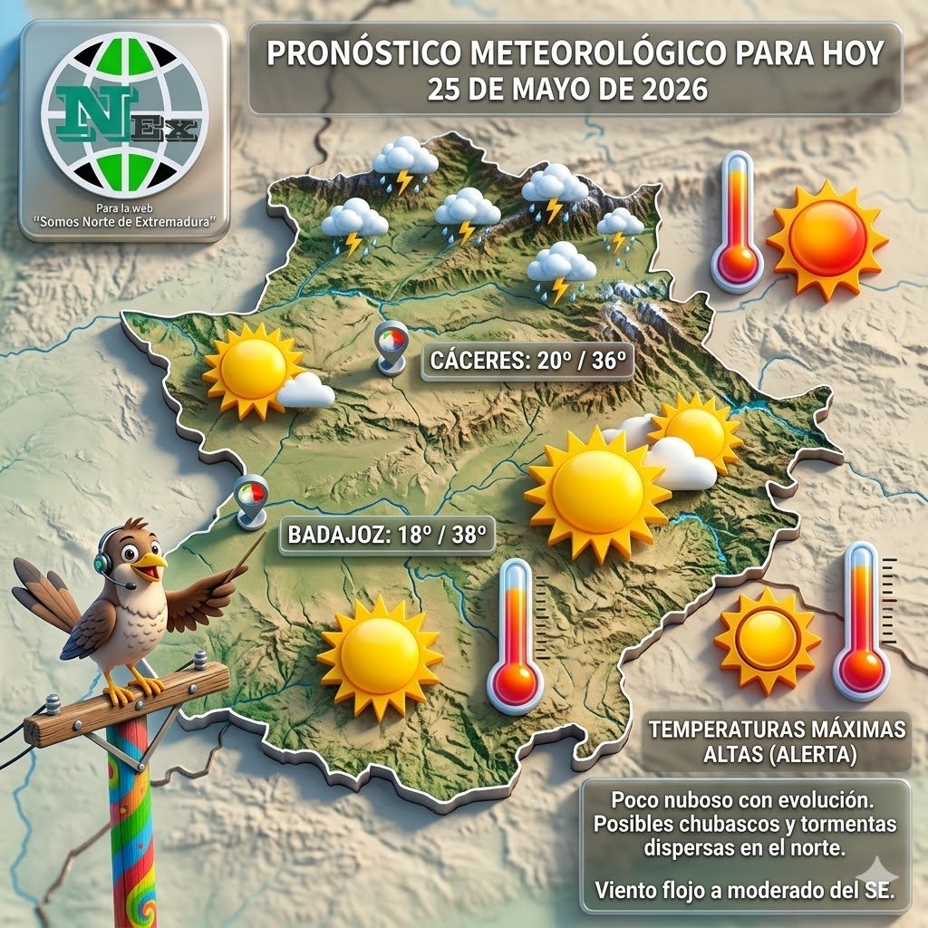 Mapa meteorológico con previsión de altas temperaturas en Extremadura para el 25 de mayo