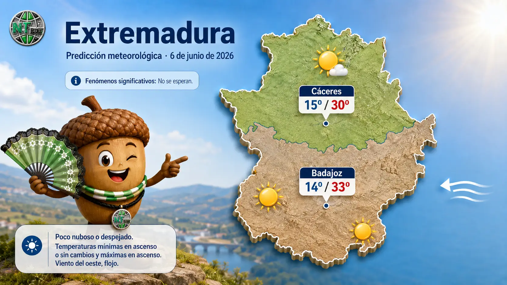 Mapa meteorológico oficial de Extremadura detallando el ascenso de las temperaturas en la región para hoy 6 de junio