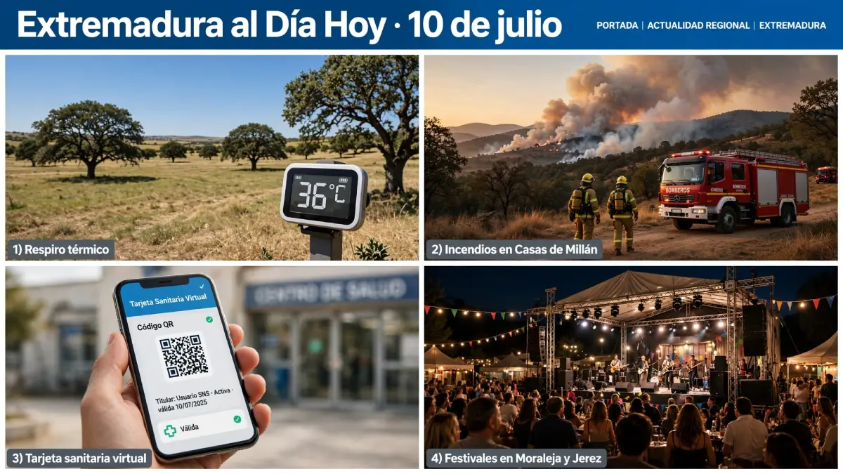 Extremadura al día hoy 10 de julio de 2026: Incendios forestales bajo vigilancia y un fin de semana de grandes festivales